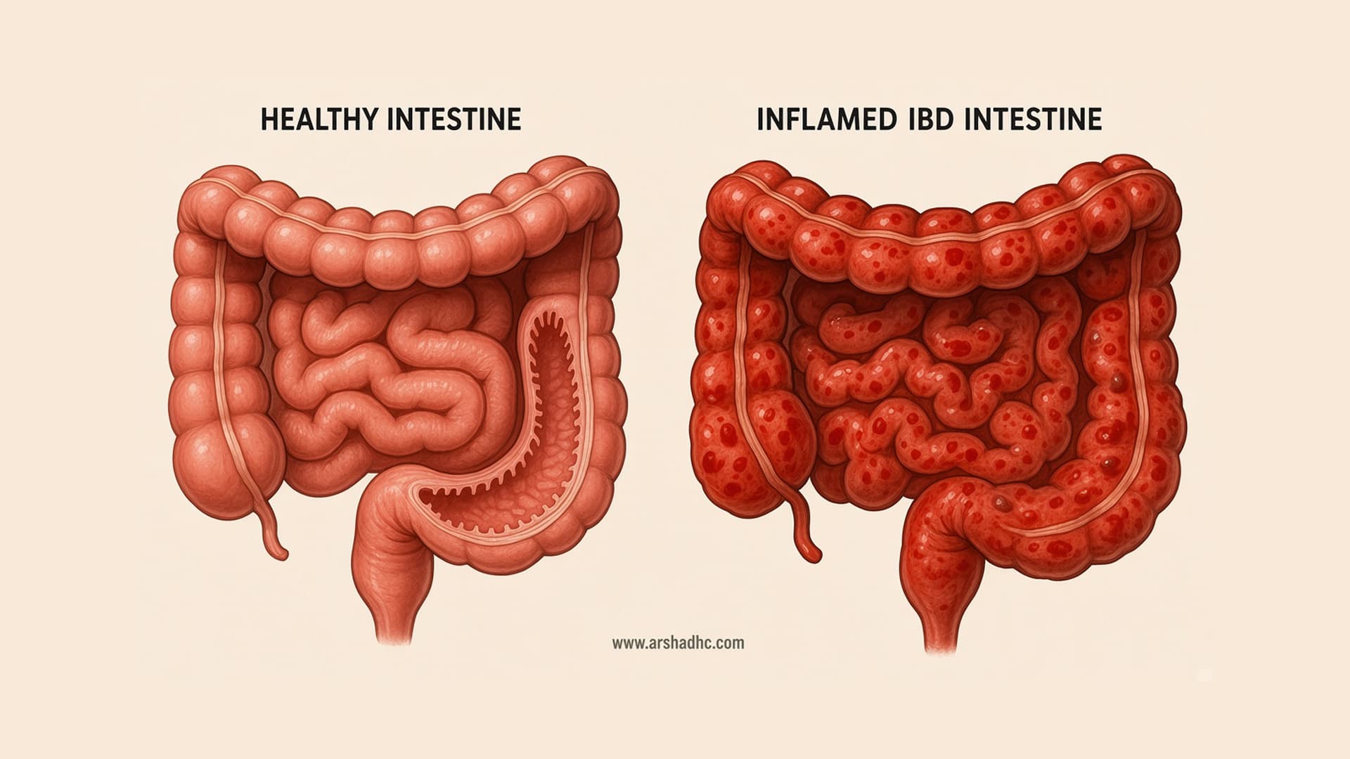 Illustration showing the Inflammed and Healthy Gut