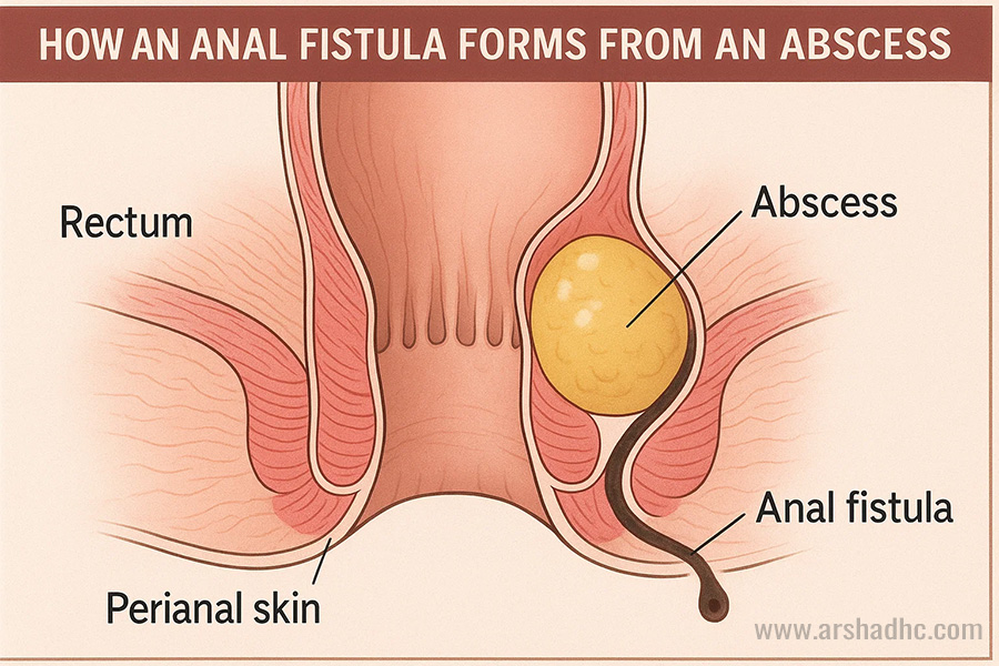 Illustration showing the anal canal and a fistula tract