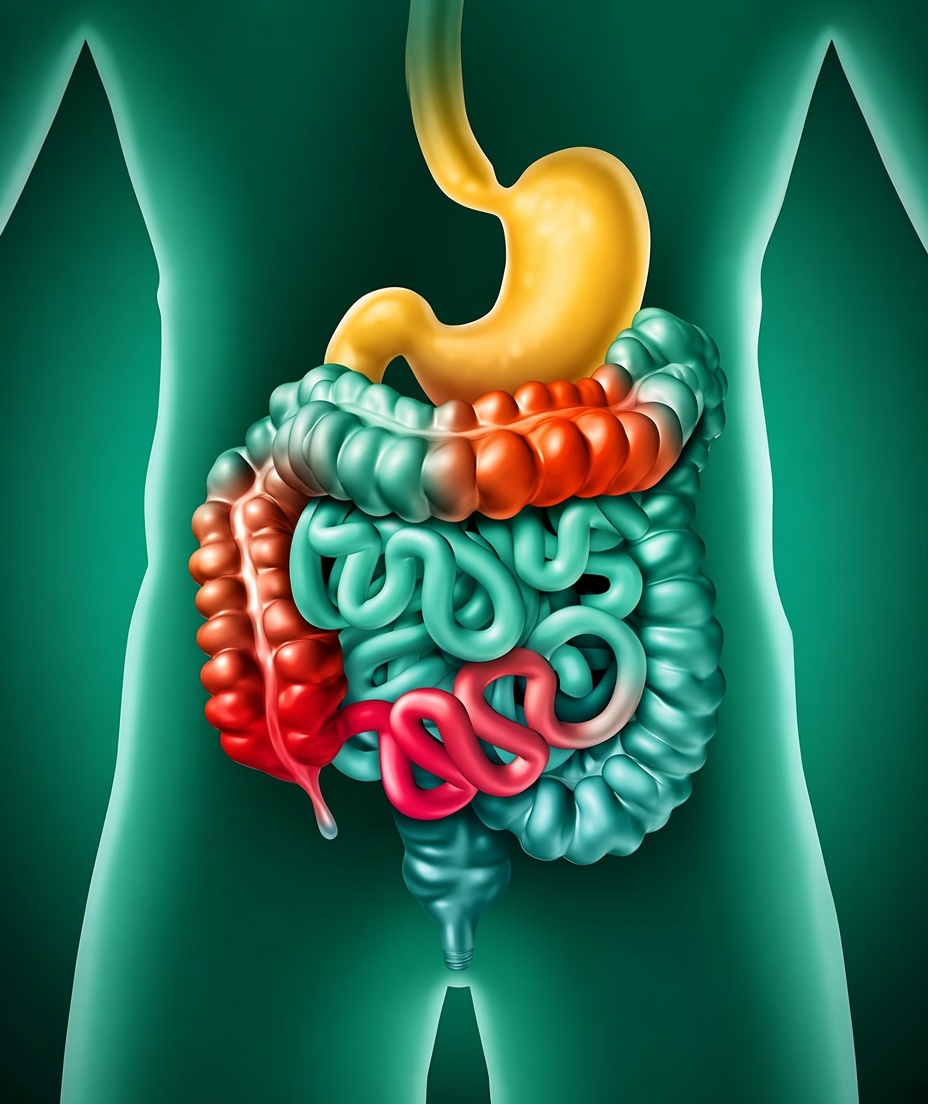 Illustration showing the Irritable Bowel Syndrome (IBS) condition, with a focus on the digestive system and gut-brain interaction.