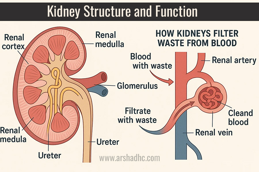 Diagram showing kidney structure and function