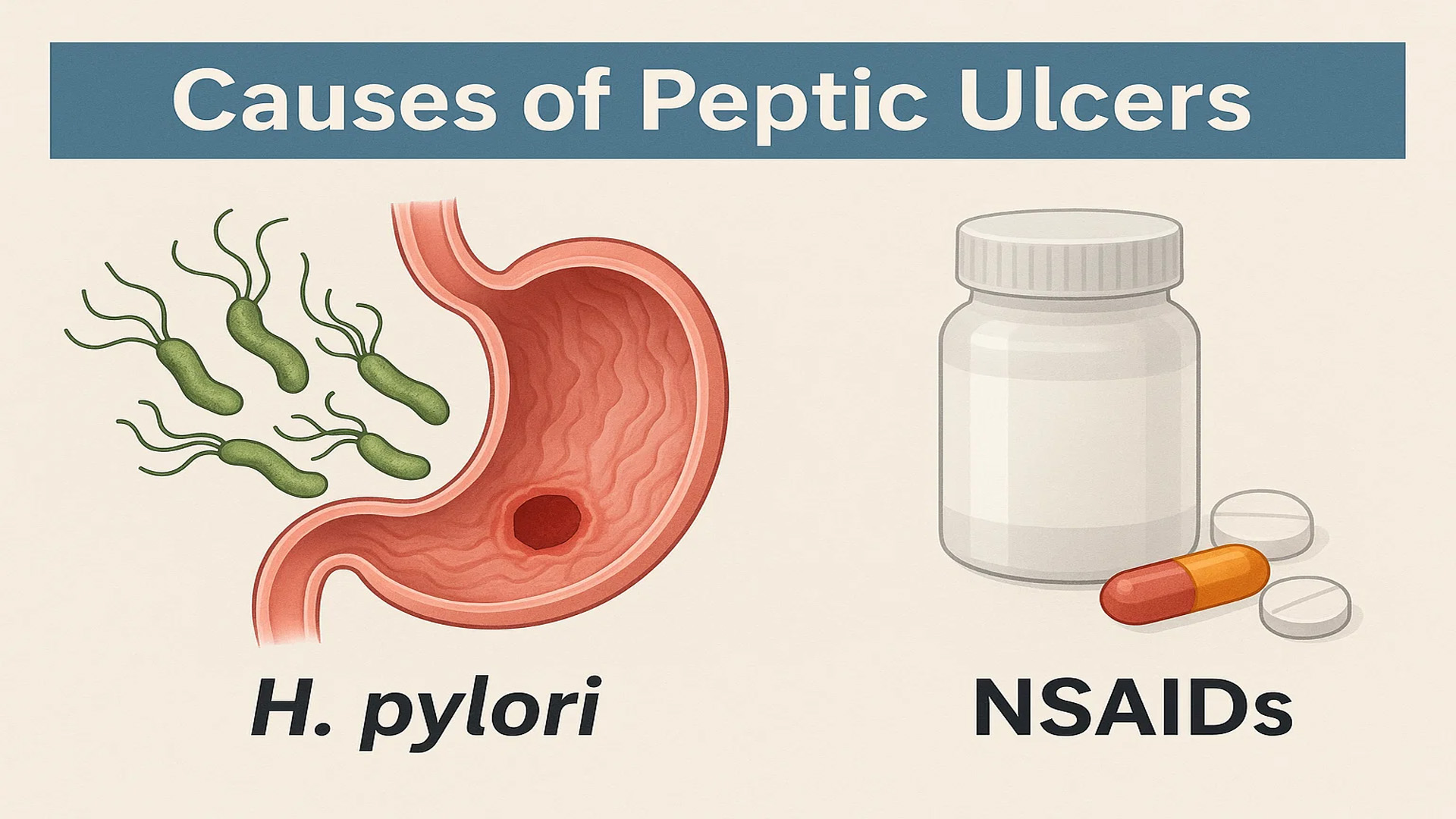 Causes of peptic ulcers including H. pylori and NSAIDs